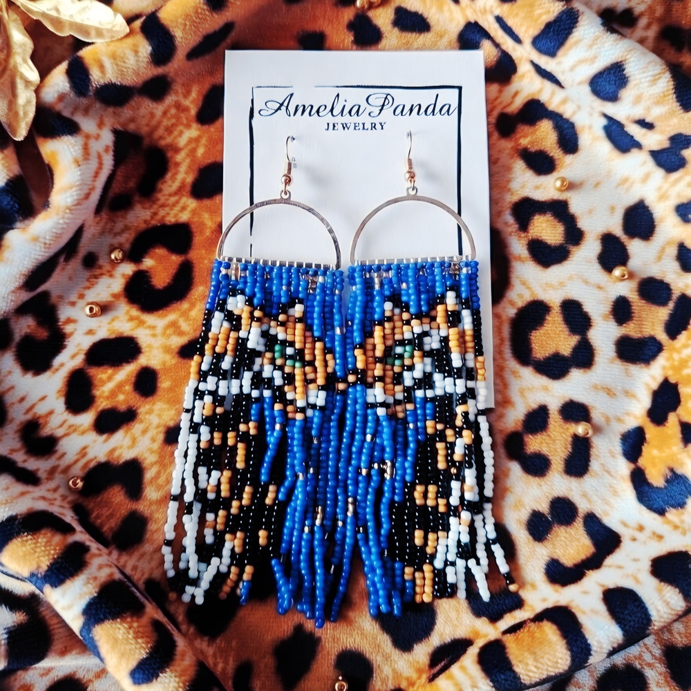 🐆AmeliaPanda Beaded Fringe Hoop Earrings - Blue, Black & Gold🐆